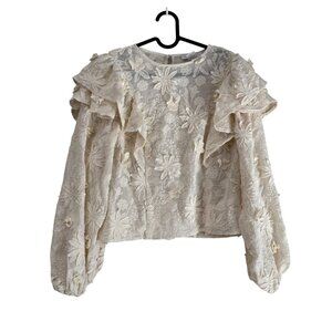 House of Harlow 1960 Ivory 3D Embroidered Floral Ruffle Blouse Womens Medium